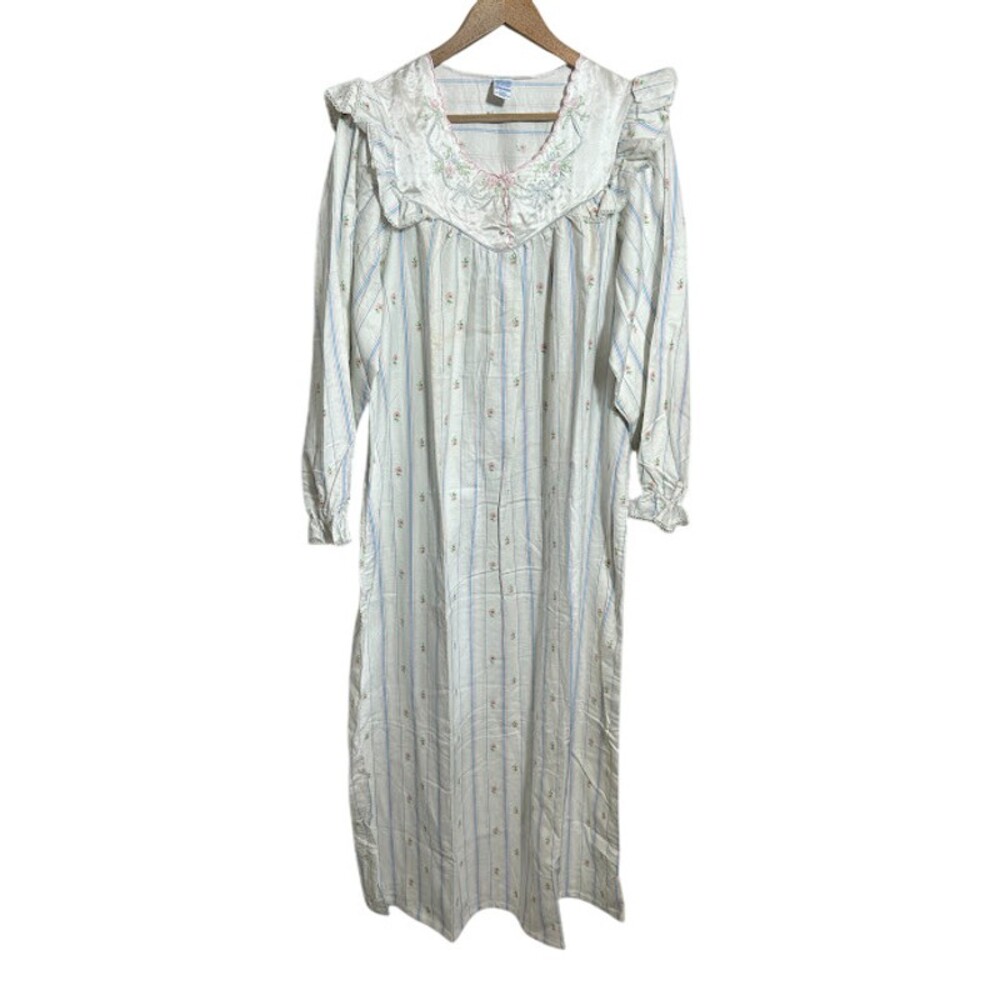 VTG Sears Flannel 100% Cotton Nightgown L 12-14 White Floral Gown Long Sleeve